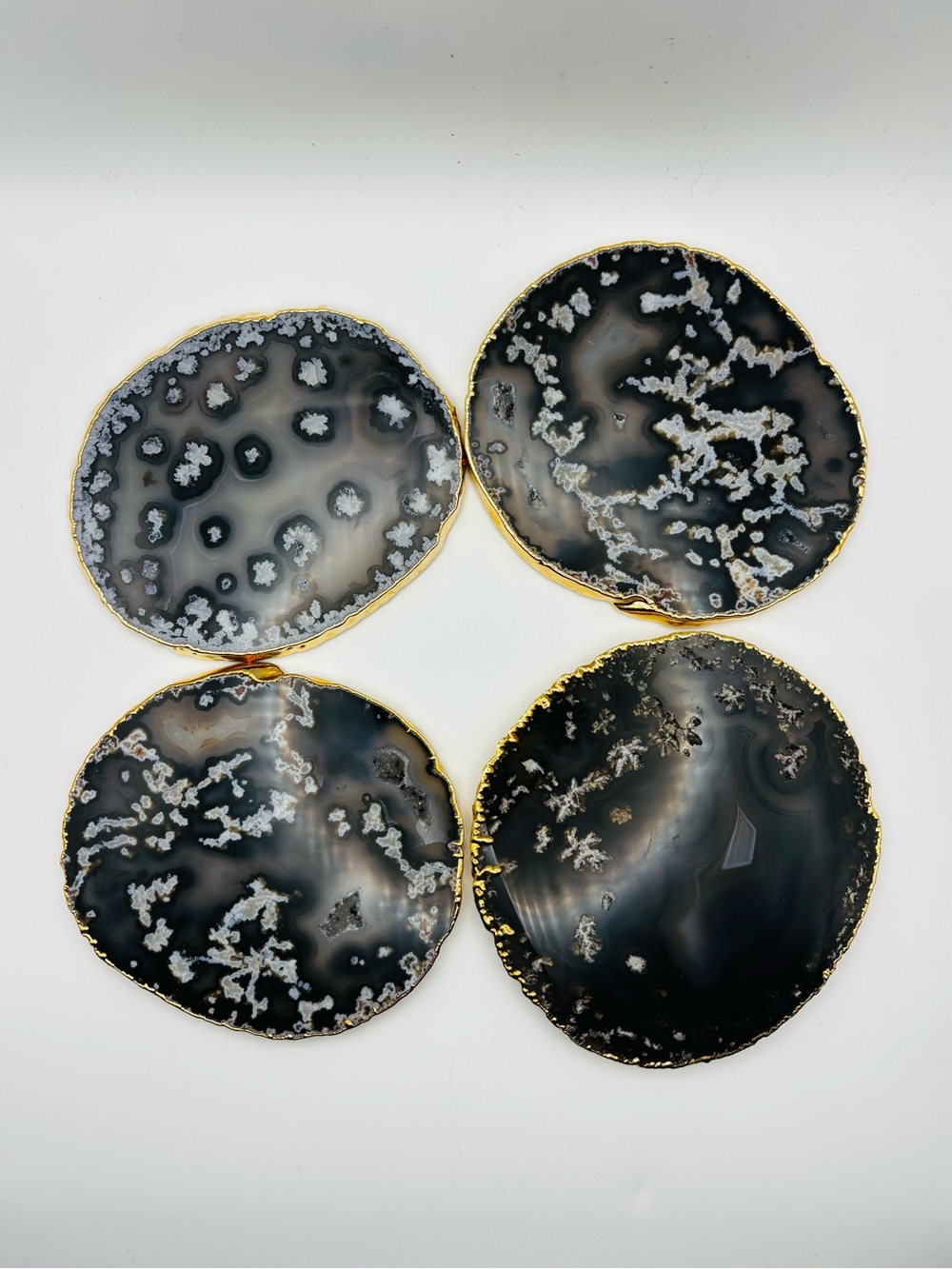 NWT Natural Black Agate Coasters with Gold Rim - Set of 4 Geode Drink Mats